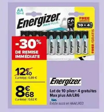 Carrefour Market Lot De 10 Piles + 4 Gratuites Max Plus Aa-lr6 Energizer offre