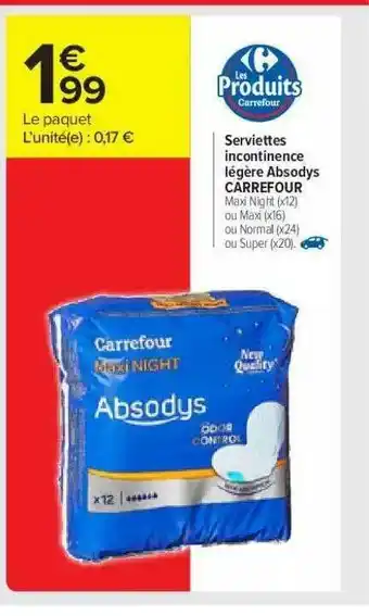 Serviette Incontinence Légère Absodys Carrefour