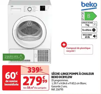 Auchan BEKO Sèche-linge pompe à chaleur dcb912w offre