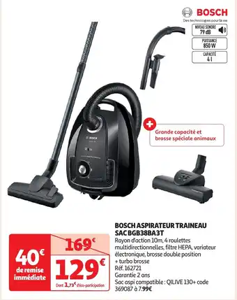 Auchan BOSCH Aspirateur traineau sac bgb38ba3t offre