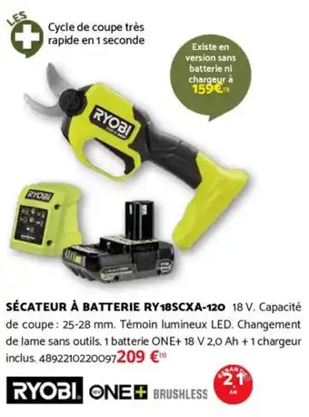 Bricomarché RYOBI Sécateur à batterie ry18scxa-120 offre