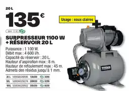 Brico Dépôt TITAN Surpresseur 1100 w + réservoir offre