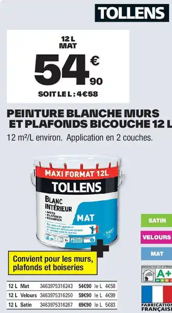 Brico Dépôt TOLLENS Peinture blanche murs et plafonds bicouche offre