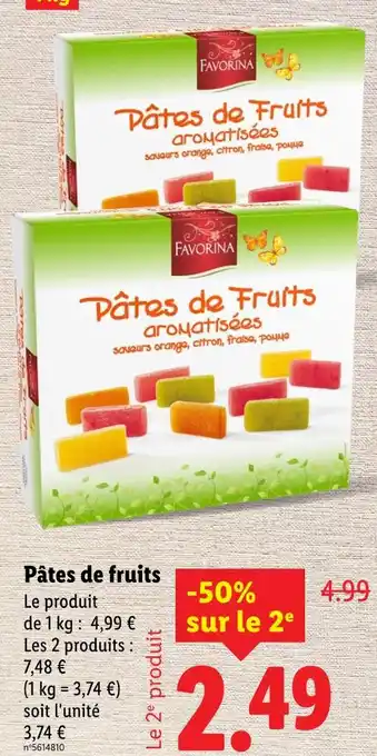 Lidl FAVORINA Pâtes de fruits aromatisées saveurs orange, citron, fraise, pomme offre