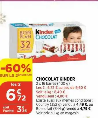 Bi1 Chocolat Kinder -60% Sur Le 2ème offre