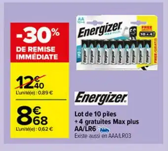 Carrefour Market Lot De 10 Piles + 4 Gratuites Max Plus Aa-lr6 Energizer offre