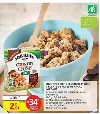 Intermarché Hyper Country Crisp Bio Chocolat Noir & éclats De Fèves De Cacao Jordans offre