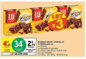 Intermarché Hyper Barres Grany Chocolat 5 Céréales Lu offre