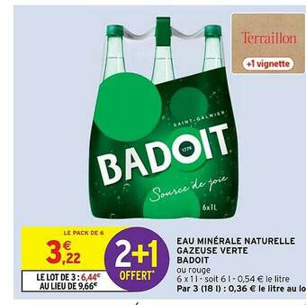 Intermarché Hyper Eau Minérale Naturelle Gazeuse Verte Badoit offre