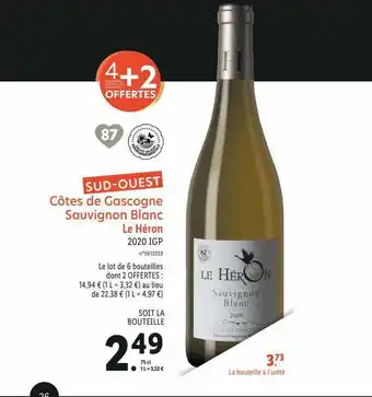 Lidl Côtes De Gascogne Sauvignon Blanc Le Héron 2020 Igp offre