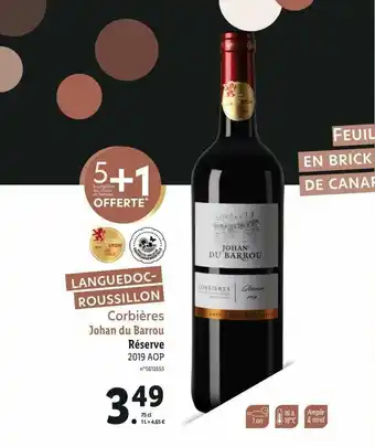 Lidl Corbières Johan Du Barrou Réserve 2019 Aop offre