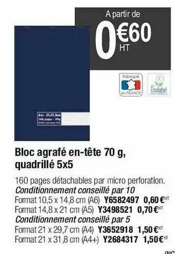 Plein ciel Bloc Agrafé En-tête 70g, Quadrillé 5x5 offre