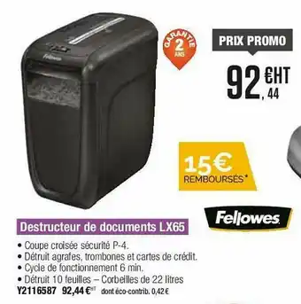 Plein ciel Destructeur De Document Lx65 Fellowes offre