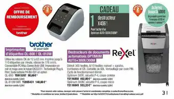 Imprimantes D'étiquettes Ql-800 - Ql-810w Brother, Destructeurs De Documents Automatisés Optimum Auto+300x-300m Rexel