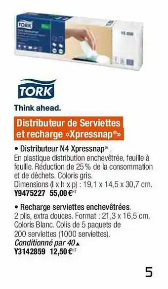 Plein ciel Destructeur De Serviettes Et Recharge «xpressnap» Tork offre