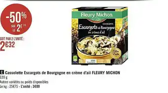 Casino Supermarchés Cassolette Escargots De Bourgogne En Crème D'ail Fleury Michon offre