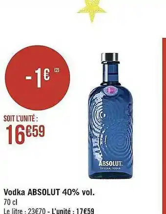 Casino Supermarchés Vodka Absolut 40% Vol. offre