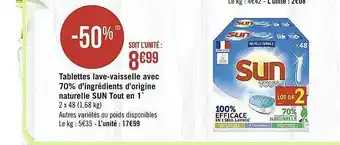Casino Supermarchés Tablettes Lave-vaisselle Avec 70% D'ingrédients D'origine Naturelle Sun Tout En 1 offre