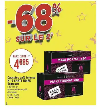 Casino Supermarchés Capsules Café Intense N°9 Carte Noire Espresso offre