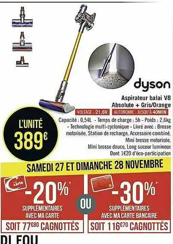 Casino Supermarchés Aspirateur Balai V8 Absolute + Gris - Orange Dyson offre