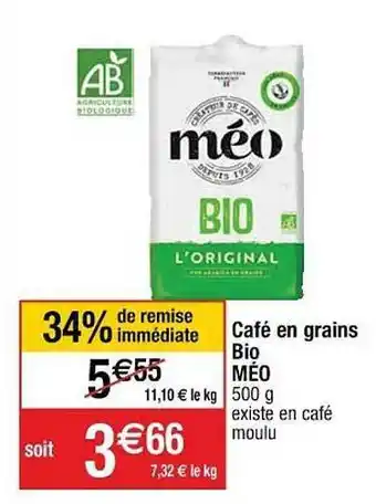 Cora x Carrefour Café En Grains Bio Méo offre