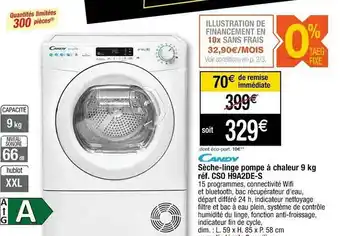 Cora x Carrefour Sèche-linge Pompe à Chaleur 9 Kg Candy offre