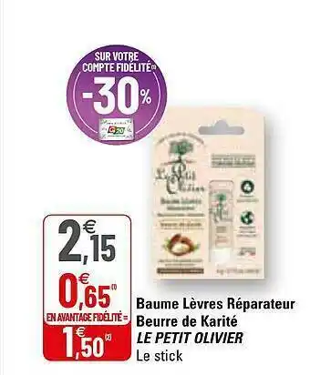 G20 Baume Lèvres Réparateur Beurre De Karité Le Petit Olivier offre