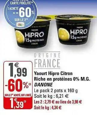 G20 Yaourt Hipro Citron Riche En Protéines 0% M.g. Danone offre