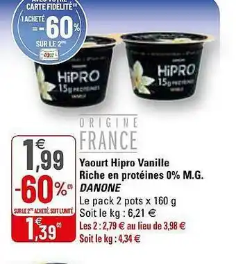G20 Yaourt Hipro Vanille Riche En Protéines 0% M.g. Danone offre