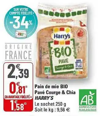 G20 Pain De Mie Bio Pavé Courge & Chia Harry's offre