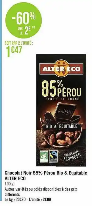Géant Casino Chocolat Noir 85% Pérou Bio & équitable Alter éco offre