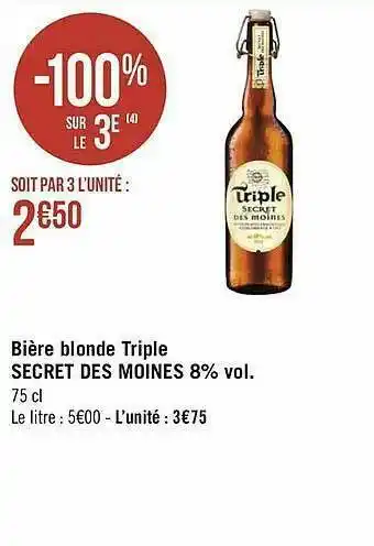 Géant Casino Bière Blonde Triple Secret Des Moines 8% Vol. offre