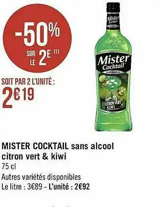 Géant Casino Mister Cocktail Sans Alcool Citron Vert & Kiwi offre