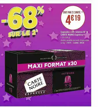 Géant Casino Capsules Café Intense N°9 Carte Noire Espresso offre