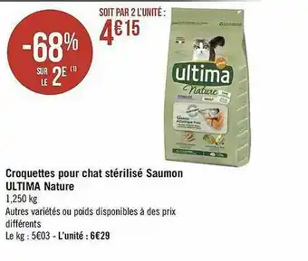 Géant Casino Croquettes Pour Chat Stérilisé Saumon Ultima Nature offre