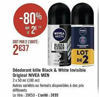 Géant Casino Déodorant Bille Black & White Invisible Original Nivea Men offre