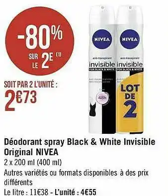 Géant Casino Déodorant Spray Black & White Invisible Original Nivea offre