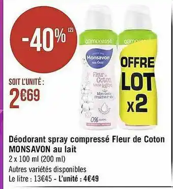 Géant Casino Déodorant Spray Compressé Fleur De Coton Monsavon Au Lait offre