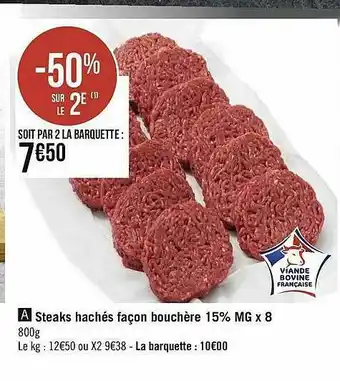 Géant Casino Steaks Hachés Façon Bouchère 15% Mg X8 offre