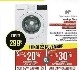 Géant Casino Lave-linge Blanc Continental Edison offre