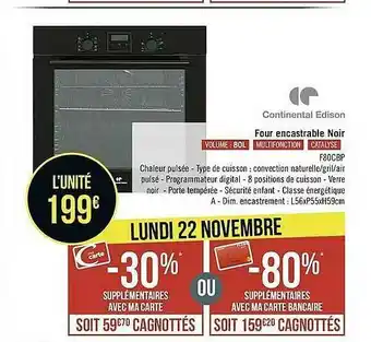 Géant Casino Four Encastrable Noir Continental Edison offre