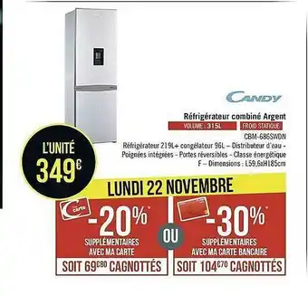 Géant Casino Réfrigérateur Combiné Argent Candy offre