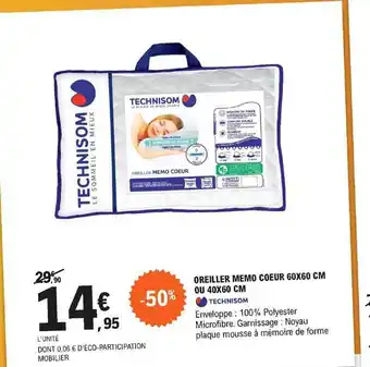 E.Leclerc Oreiller Mémo Coeur 60 X 60 Cm Ou 40 X 60 Cm Technisom offre