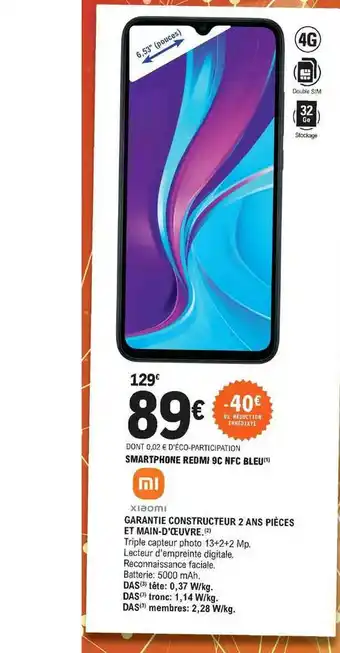 E.Leclerc Smartphone Redmi 9c Nfc Bleu Xiaomi offre