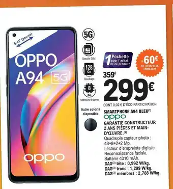 E.Leclerc Smartphone A94 Bleu Oppo offre