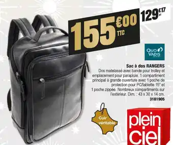 Plein ciel Quo vadis sac à dos rangers offre