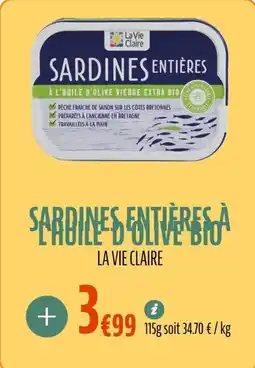 La Vie Claire Sardines entieres à l'huile d'olive bio offre