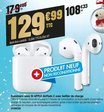 Apple ecouteurs sans fil apple airpods 2 avec boîtier de charge