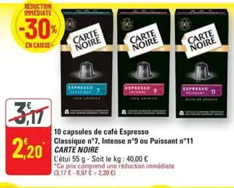 G20 CARTE NOIRE 10 capsules de café Espresso Classique n°7, Intense n°9 ou Puissant n°11 offre