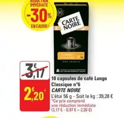 G20 CARTE NOIRE 10 capsules de café Lungo Classique n°6 offre